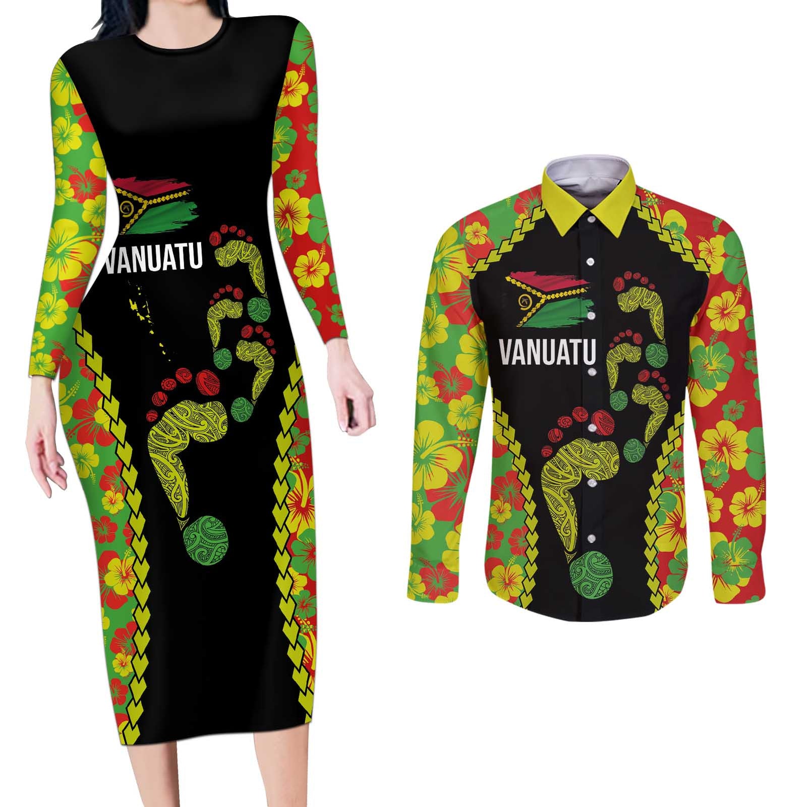 Personalised Vanuatu Running Couples Matching Long Sleeve Bodycon Dress and Long Sleeve Button Shirt Footprint and Hibiscus Polynesian Style LT03 Black - Polynesian Pride