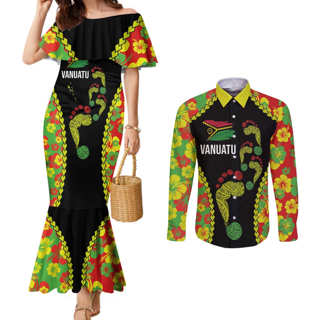 Personalised Vanuatu Running Couples Matching Mermaid Dress and Long Sleeve Button Shirt Footprint and Hibiscus Polynesian Style