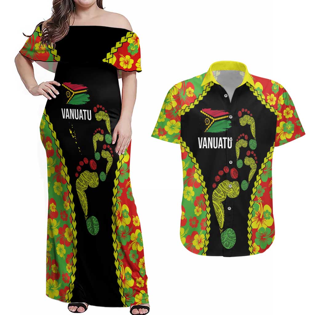 Personalised Vanuatu Running Couples Matching Off Shoulder Maxi Dress and Hawaiian Shirt Footprint and Hibiscus Polynesian Style