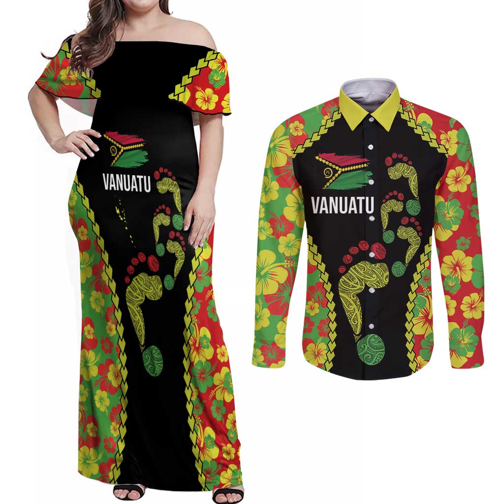 Personalised Vanuatu Running Couples Matching Off Shoulder Maxi Dress and Long Sleeve Button Shirt Footprint and Hibiscus Polynesian Style