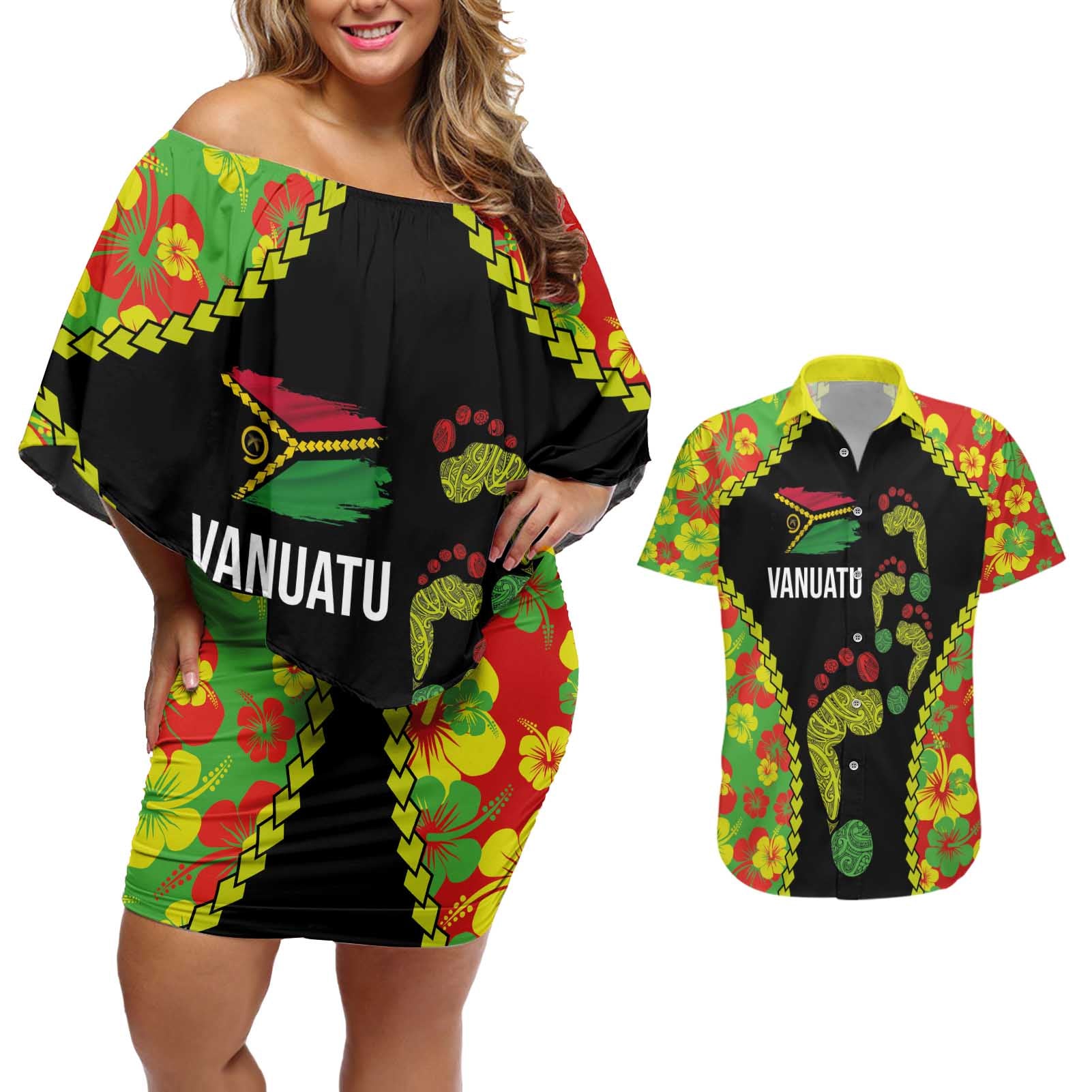 Personalised Vanuatu Running Couples Matching Off Shoulder Short Dress and Hawaiian Shirt Footprint and Hibiscus Polynesian Style