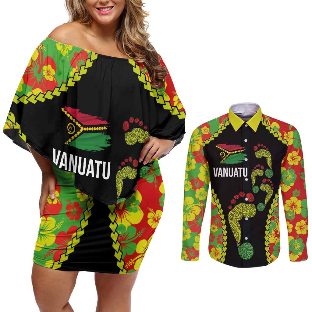 Personalised Vanuatu Running Couples Matching Off Shoulder Short Dress and Long Sleeve Button Shirt Footprint and Hibiscus Polynesian Style