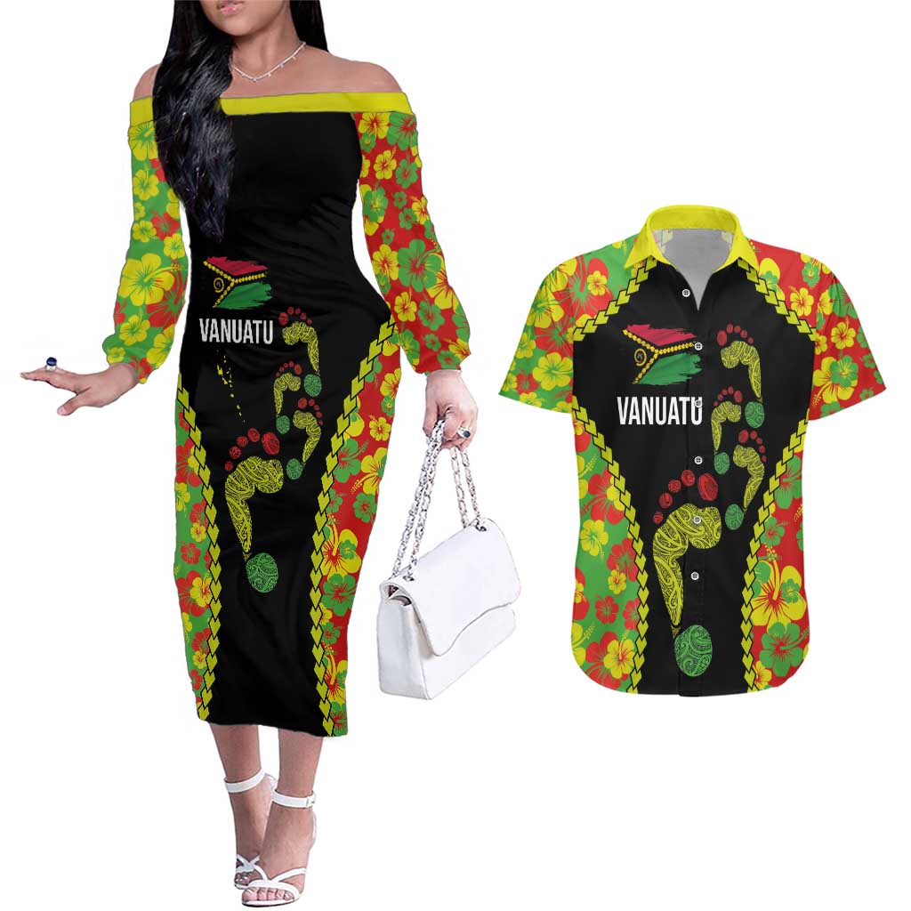 Personalised Vanuatu Running Couples Matching Off The Shoulder Long Sleeve Dress and Hawaiian Shirt Footprint and Hibiscus Polynesian Style