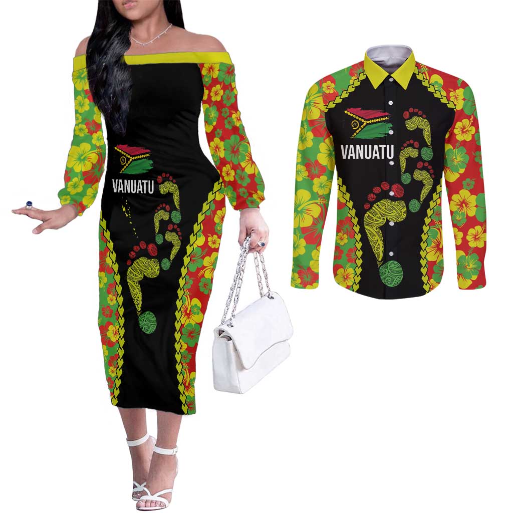 Personalised Vanuatu Running Couples Matching Off The Shoulder Long Sleeve Dress and Long Sleeve Button Shirt Footprint and Hibiscus Polynesian Style