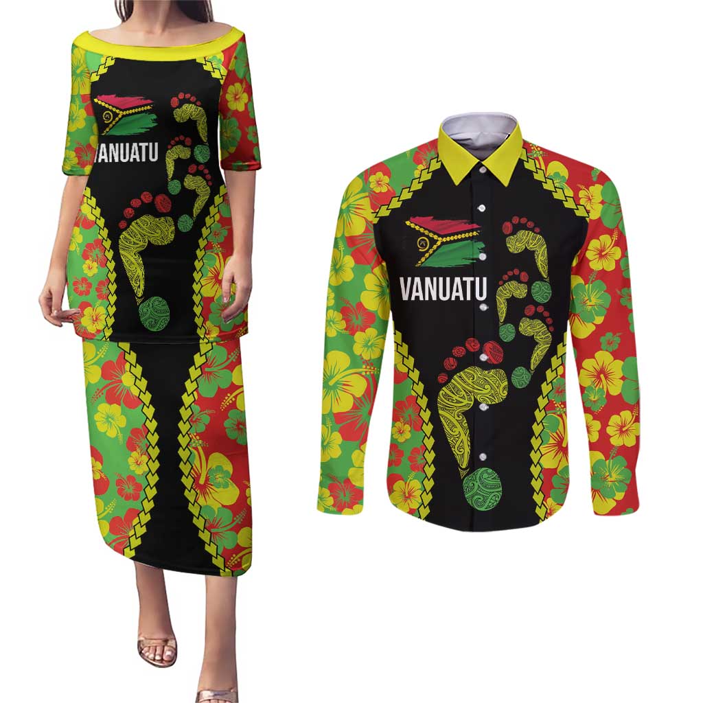 Personalised Vanuatu Running Couples Matching Puletasi and Long Sleeve Button Shirt Footprint and Hibiscus Polynesian Style LT03 Black - Polynesian Pride