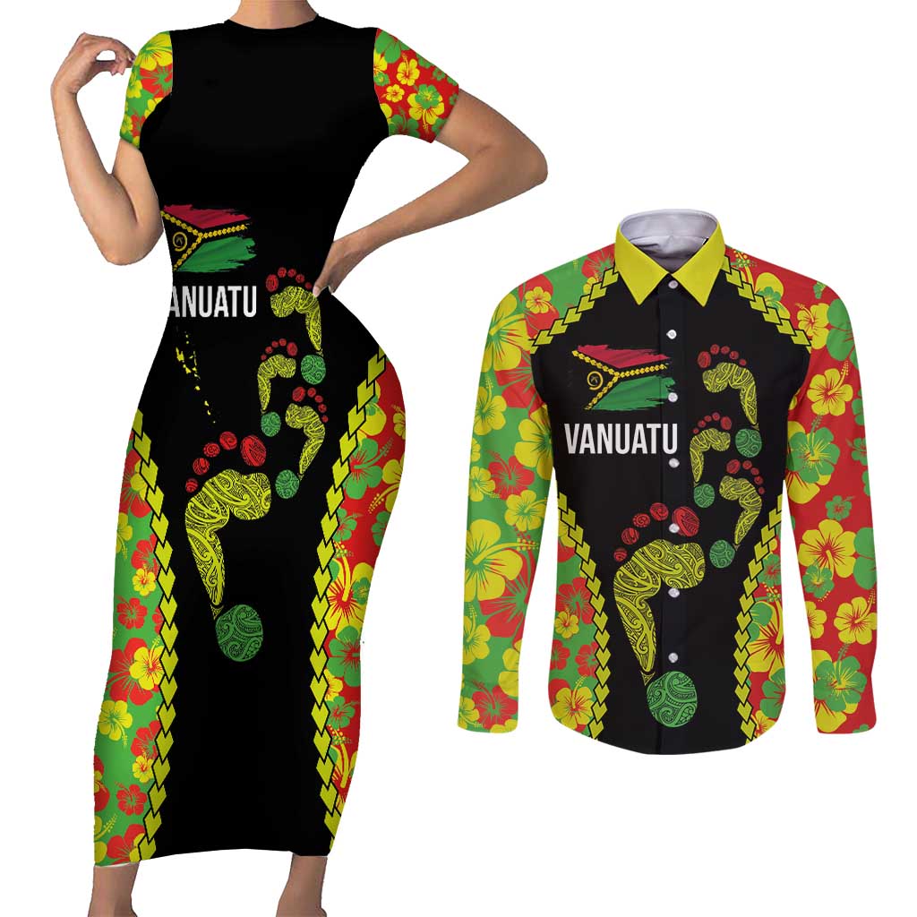 Personalised Vanuatu Running Couples Matching Short Sleeve Bodycon Dress and Long Sleeve Button Shirt Footprint and Hibiscus Polynesian Style