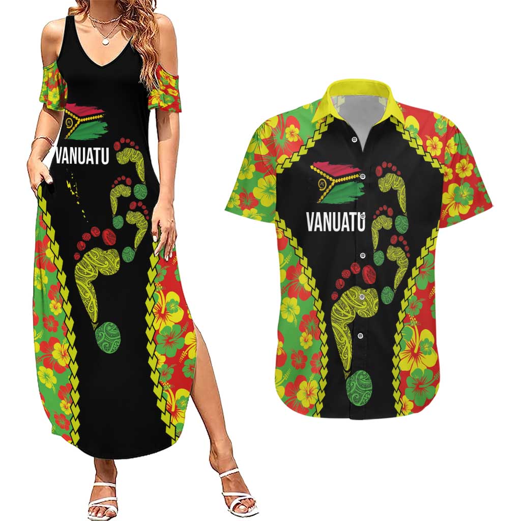 Personalised Vanuatu Running Couples Matching Summer Maxi Dress and Hawaiian Shirt Footprint and Hibiscus Polynesian Style