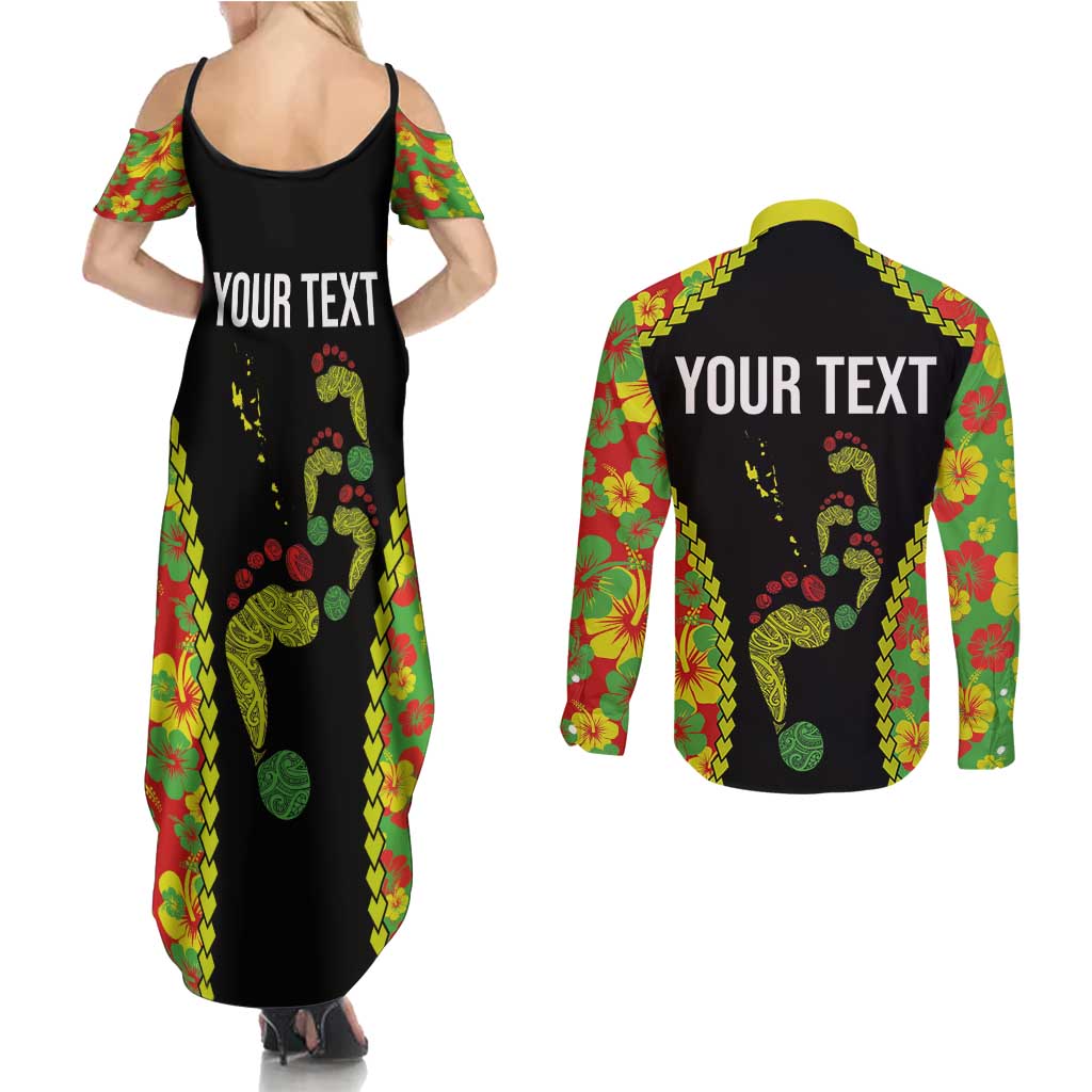 Personalised Vanuatu Running Couples Matching Summer Maxi Dress and Long Sleeve Button Shirt Footprint and Hibiscus Polynesian Style LT03 - Polynesian Pride