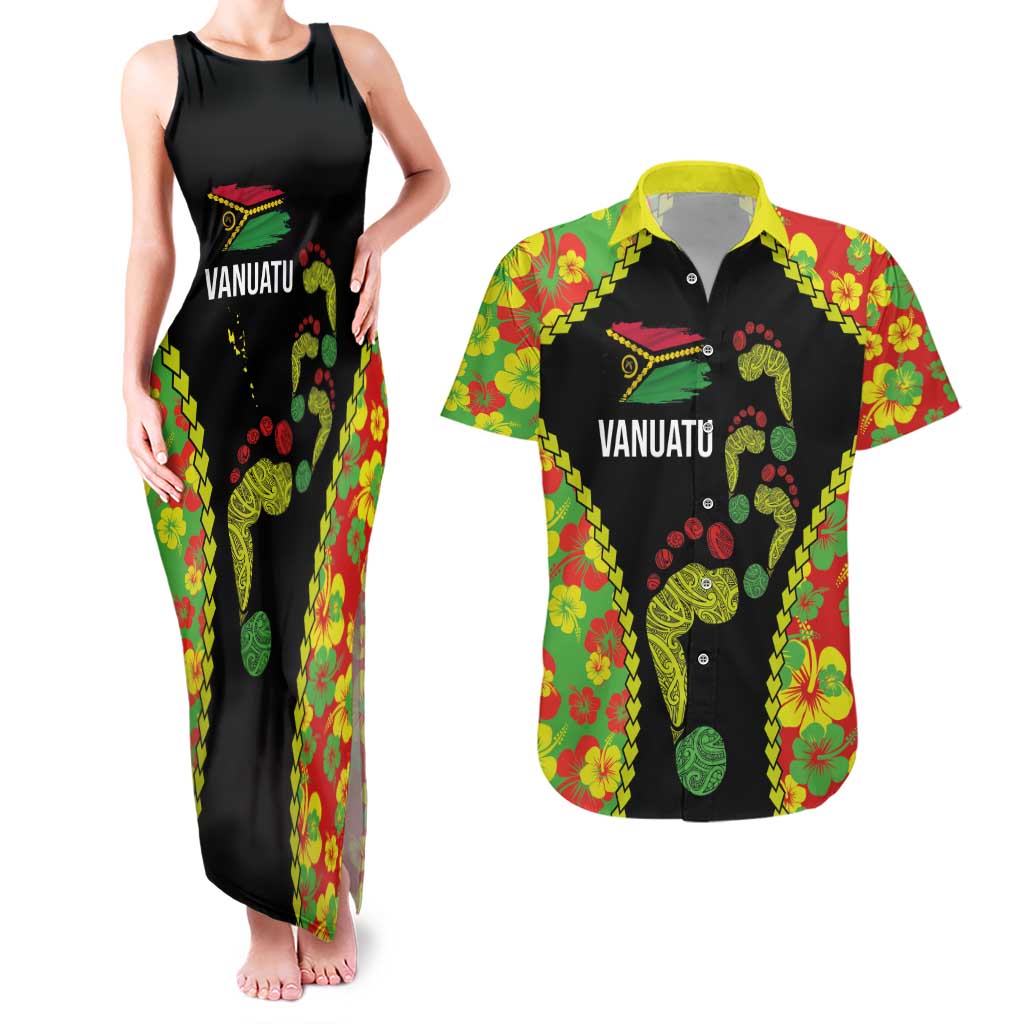 Personalised Vanuatu Running Couples Matching Tank Maxi Dress and Hawaiian Shirt Footprint and Hibiscus Polynesian Style