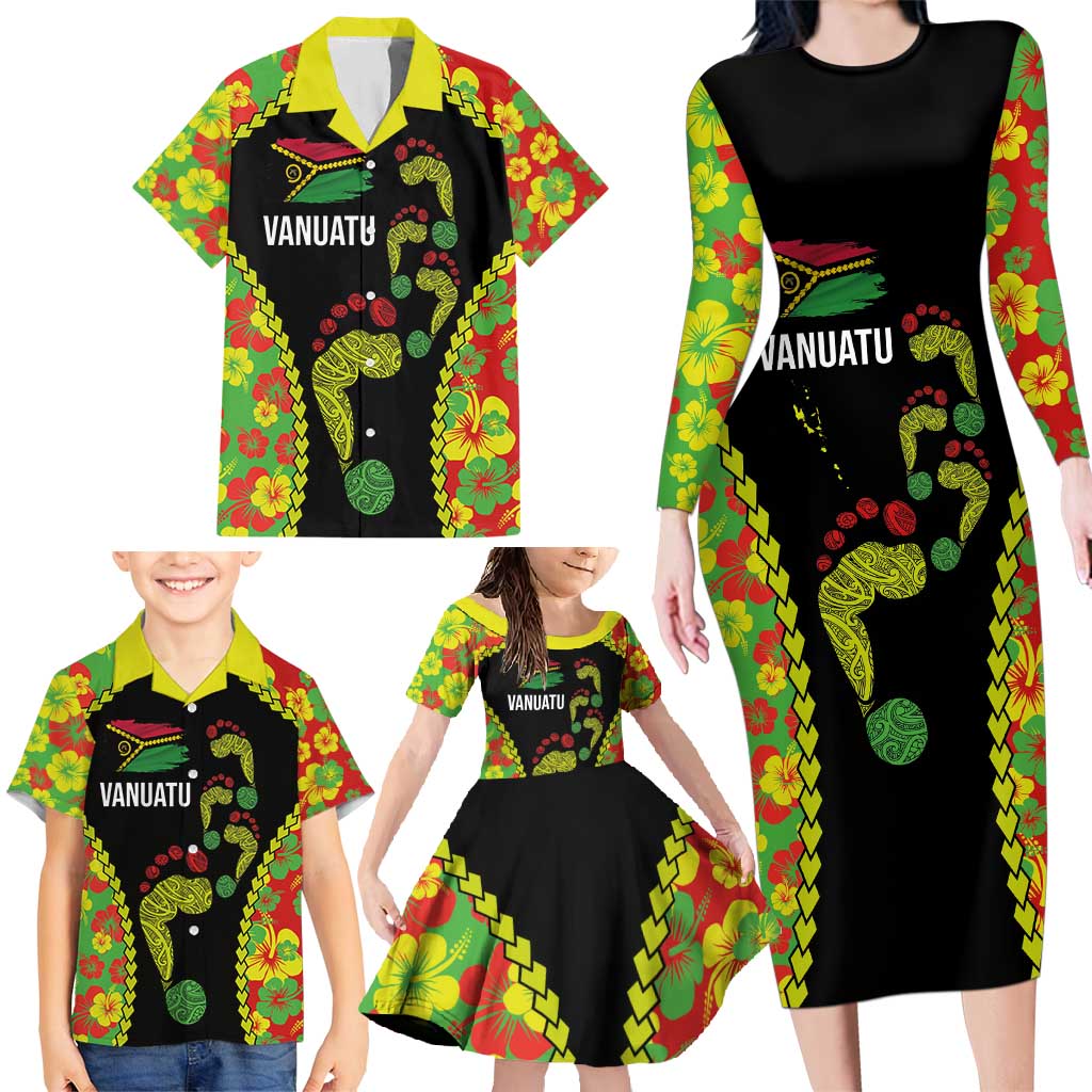 Personalised Vanuatu Running Family Matching Long Sleeve Bodycon Dress and Hawaiian Shirt Footprint and Hibiscus Polynesian Style