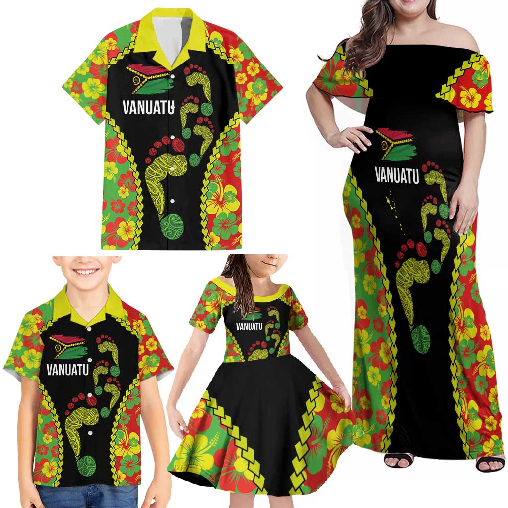 Personalised Vanuatu Running Family Matching Off Shoulder Maxi Dress and Hawaiian Shirt Footprint and Hibiscus Polynesian Style