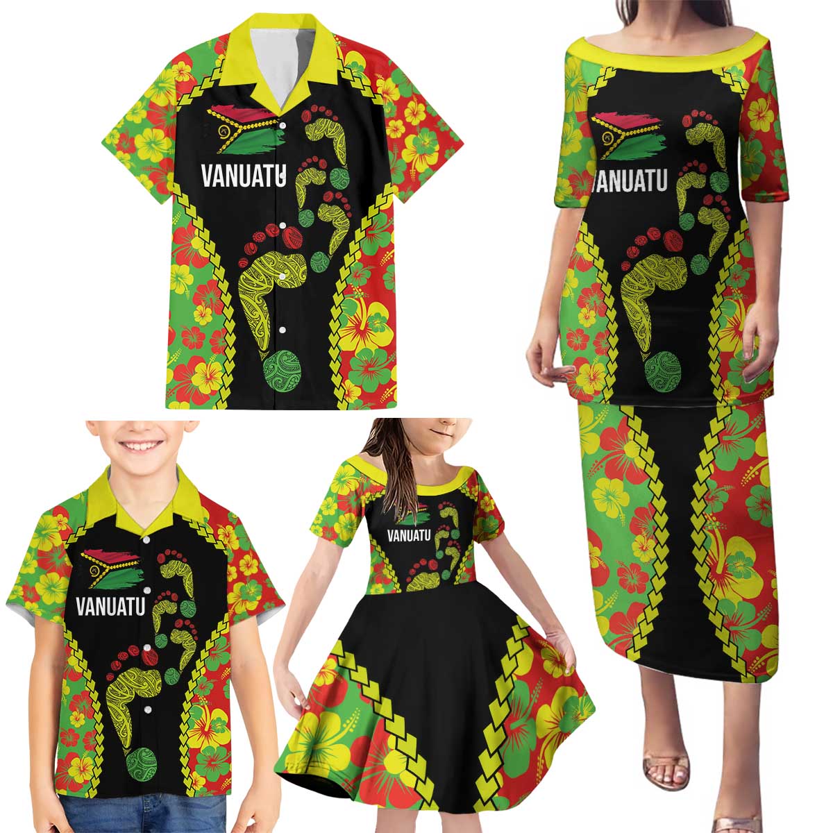 Personalised Vanuatu Running Family Matching Puletasi and Hawaiian Shirt Footprint and Hibiscus Polynesian Style