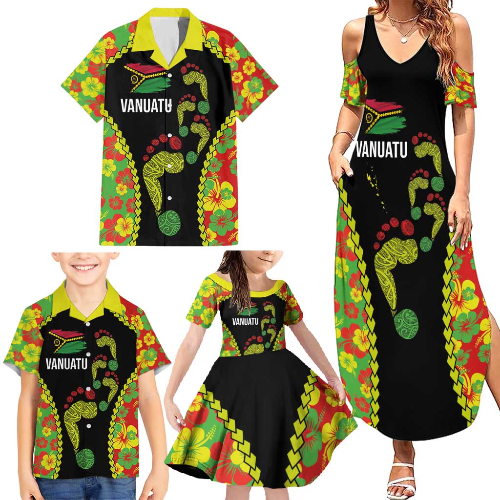 Personalised Vanuatu Running Family Matching Summer Maxi Dress and Hawaiian Shirt Footprint and Hibiscus Polynesian Style