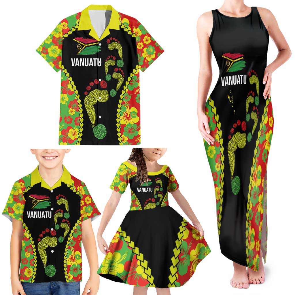 Personalised Vanuatu Running Family Matching Tank Maxi Dress and Hawaiian Shirt Footprint and Hibiscus Polynesian Style