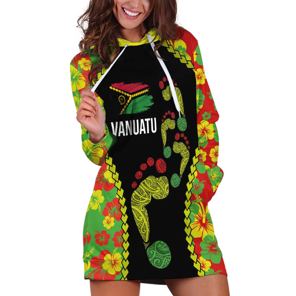 Personalised Vanuatu Running Hoodie Dress Footprint and Hibiscus Polynesian Style