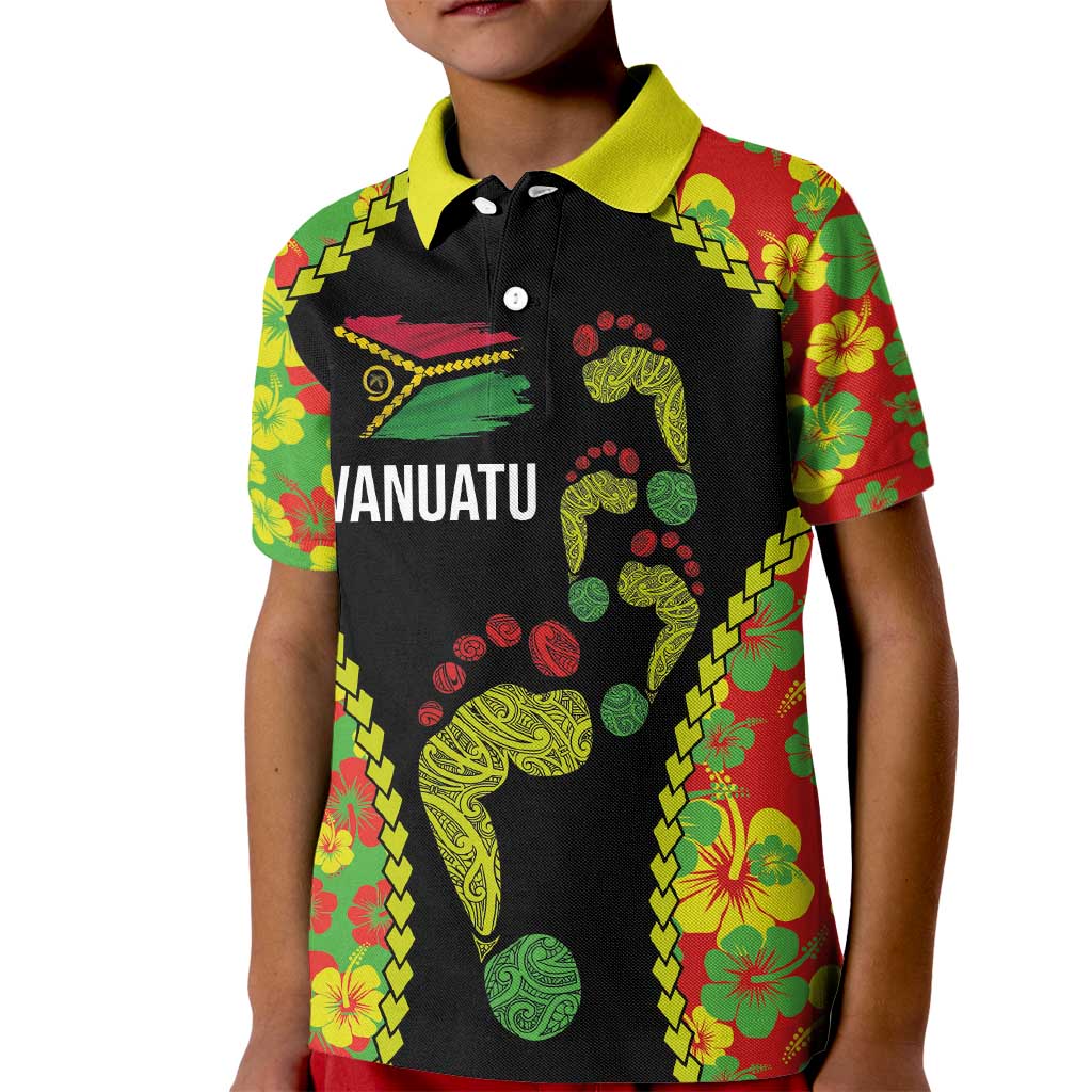 Personalised Vanuatu Running Kid Polo Shirt Footprint and Hibiscus Polynesian Style