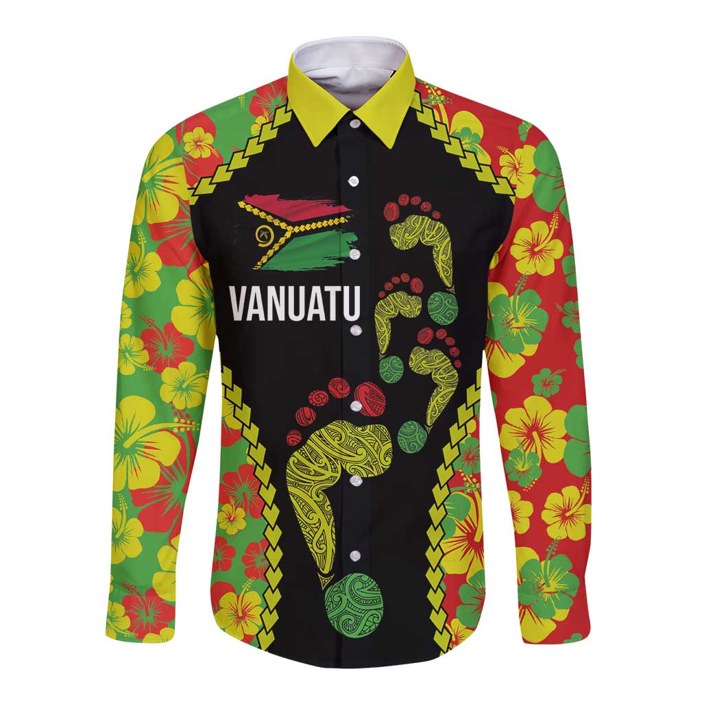 Personalised Vanuatu Running Long Sleeve Button Shirt Footprint and Hibiscus Polynesian Style