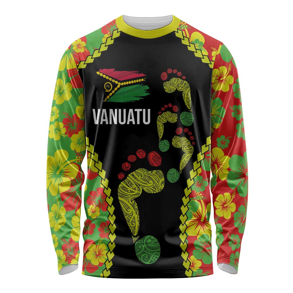 Personalised Vanuatu Running Long Sleeve Shirt Footprint and Hibiscus Polynesian Style