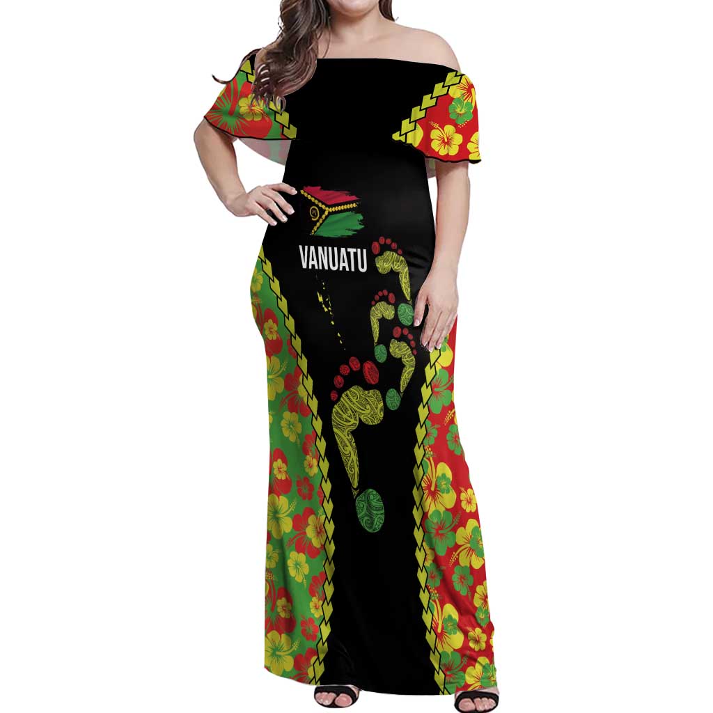 Personalised Vanuatu Running Off Shoulder Maxi Dress Footprint and Hibiscus Polynesian Style LT03 Women Black - Polynesian Pride