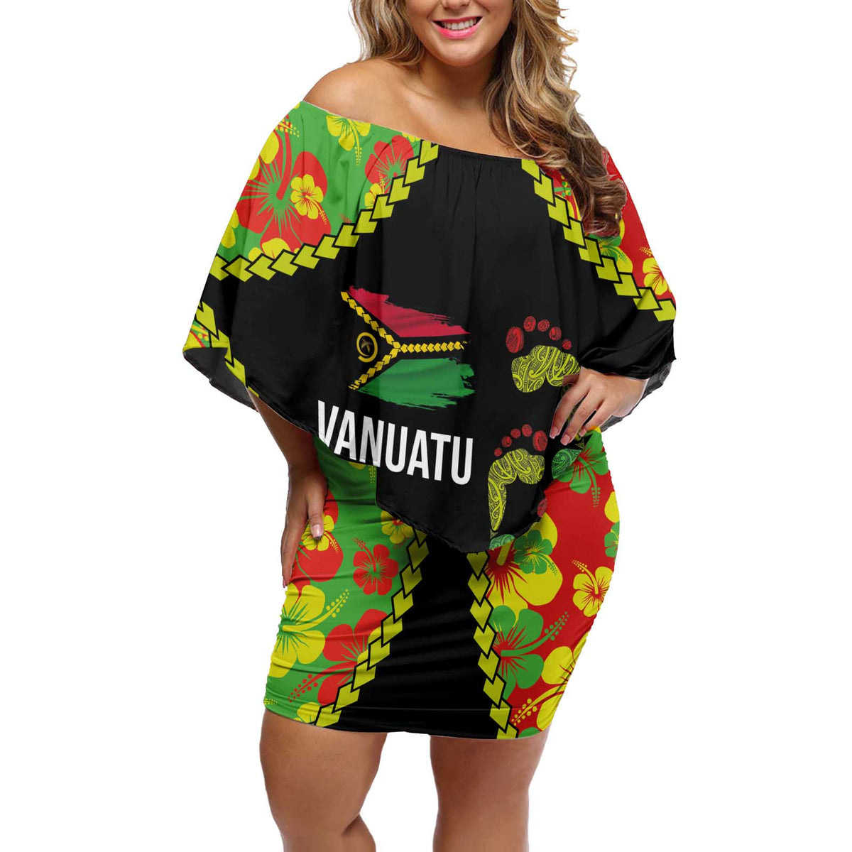 Personalised Vanuatu Running Off Shoulder Short Dress Footprint and Hibiscus Polynesian Style LT03 Women Black - Polynesian Pride