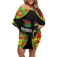 Personalised Vanuatu Running Off Shoulder Short Dress Footprint and Hibiscus Polynesian Style LT03 Women Black - Polynesian Pride