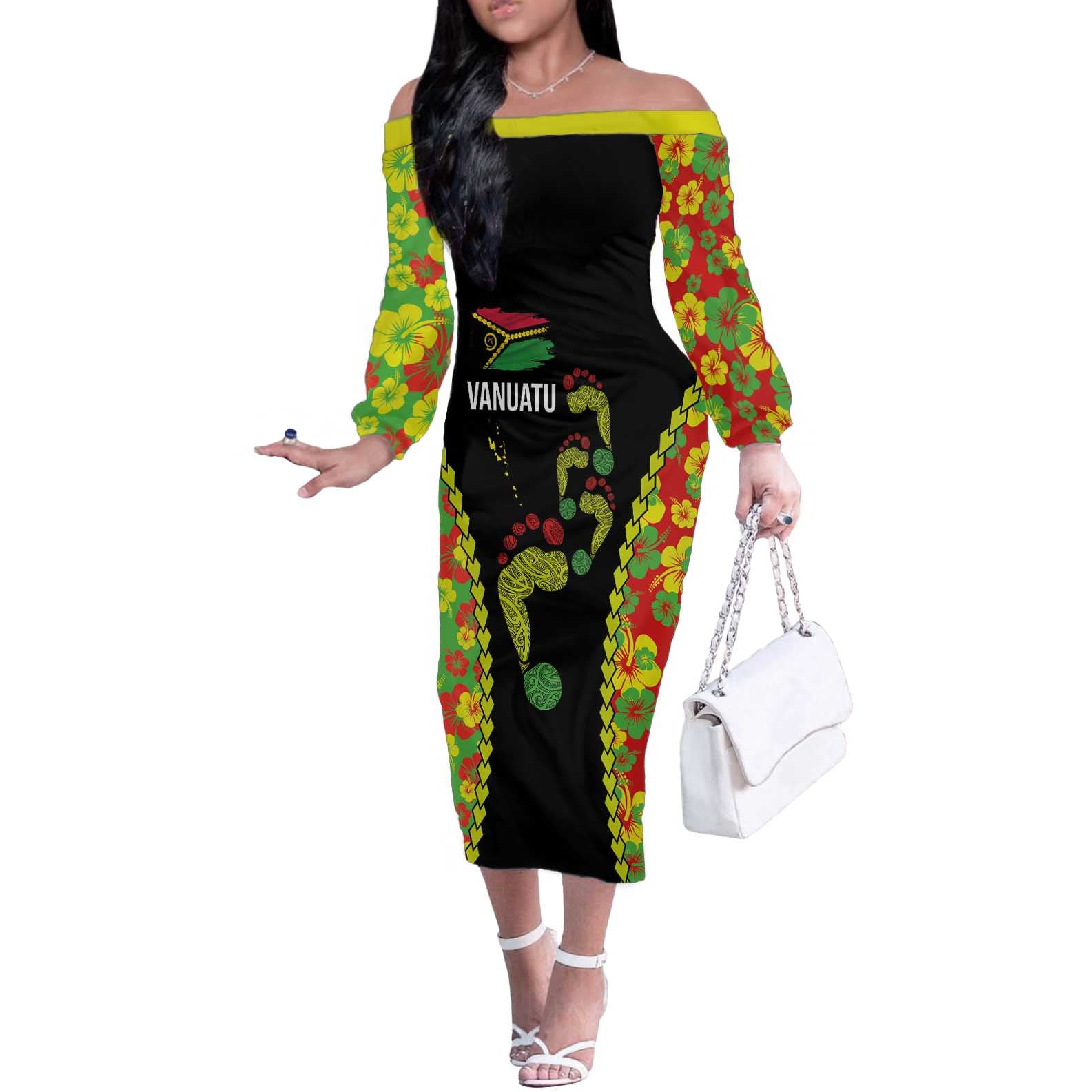 Personalised Vanuatu Running Off The Shoulder Long Sleeve Dress Footprint and Hibiscus Polynesian Style