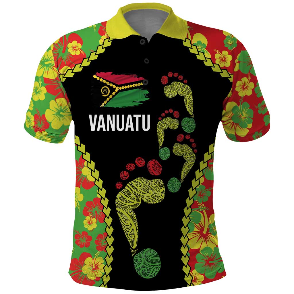 Personalised Vanuatu Running Polo Shirt Footprint and Hibiscus Polynesian Style