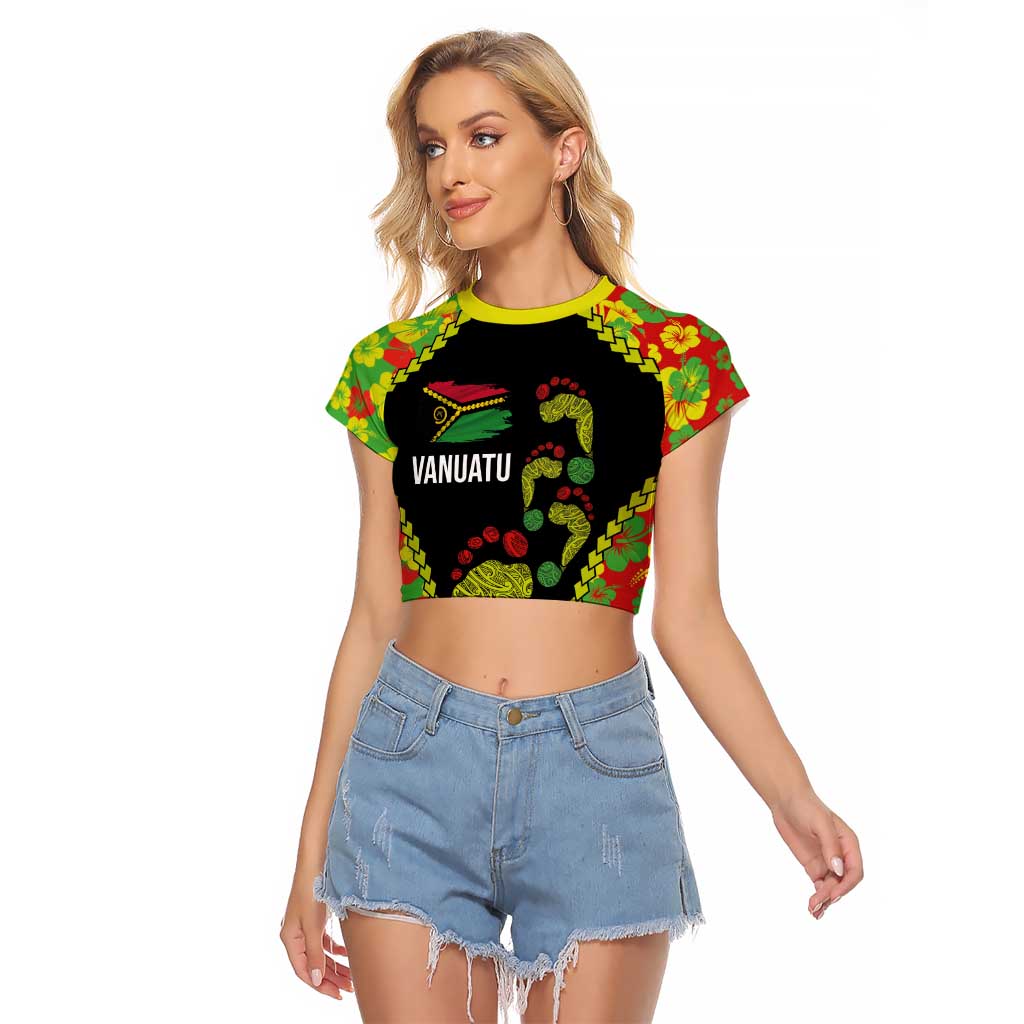 Personalised Vanuatu Running Raglan Cropped T Shirt Footprint and Hibiscus Polynesian Style