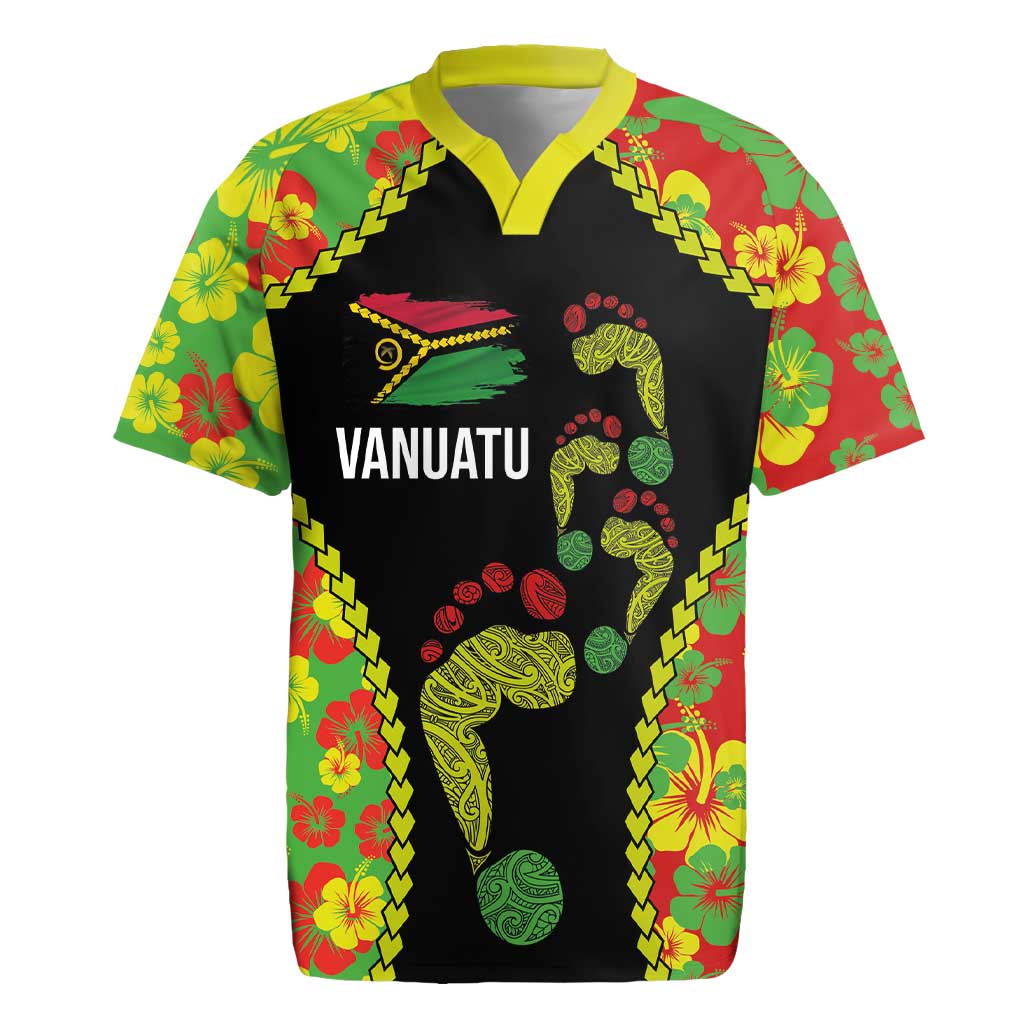 Personalised Vanuatu Running Rugby Jersey Footprint and Hibiscus Polynesian Style