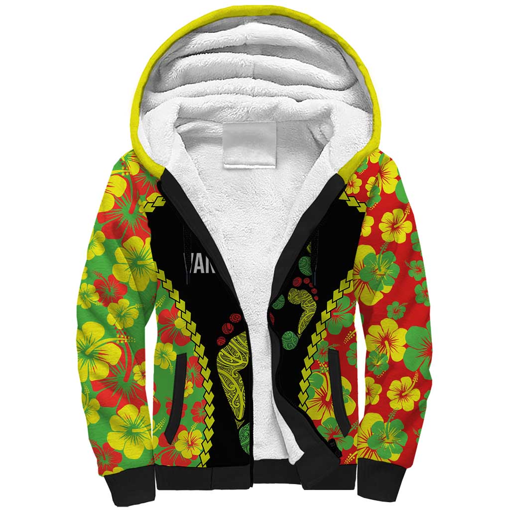 Personalised Vanuatu Running Sherpa Hoodie Footprint and Hibiscus Polynesian Style LT03 Unisex Black - Polynesian Pride