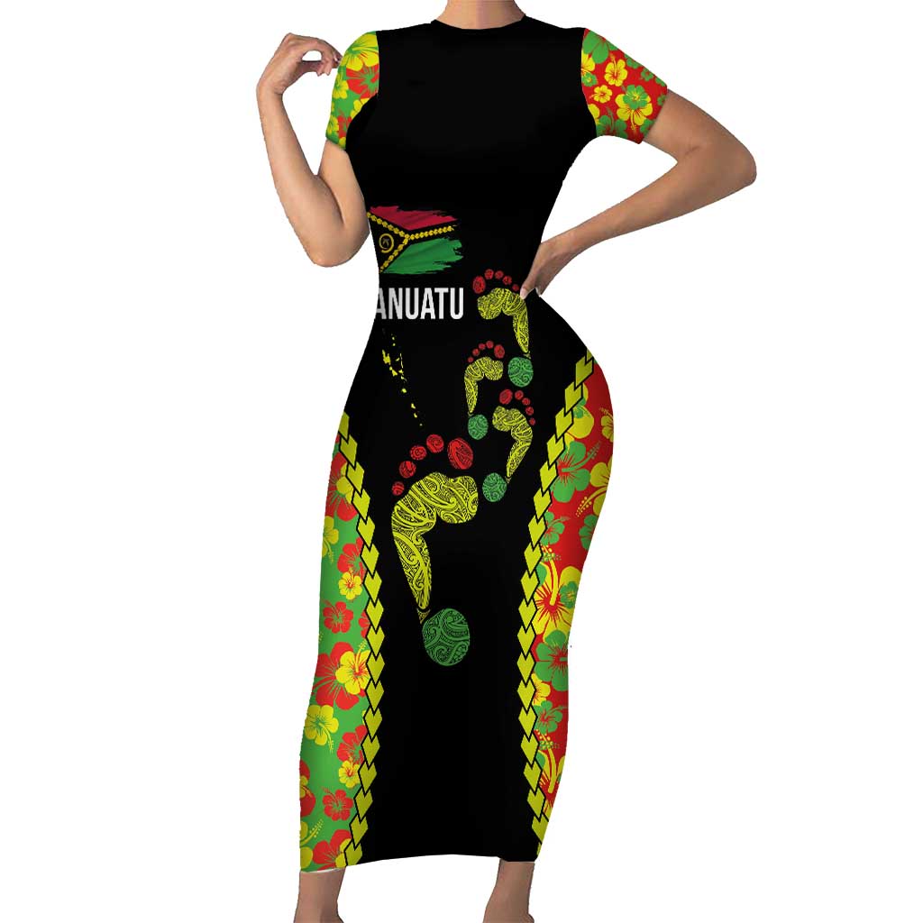 Personalised Vanuatu Running Short Sleeve Bodycon Dress Footprint and Hibiscus Polynesian Style