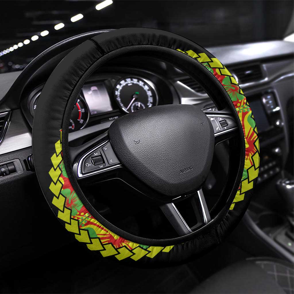 Vanuatu Running Steering Wheel Cover Footprint and Hibiscus Polynesian Style LT03 Universal Fit Black - Polynesian Pride