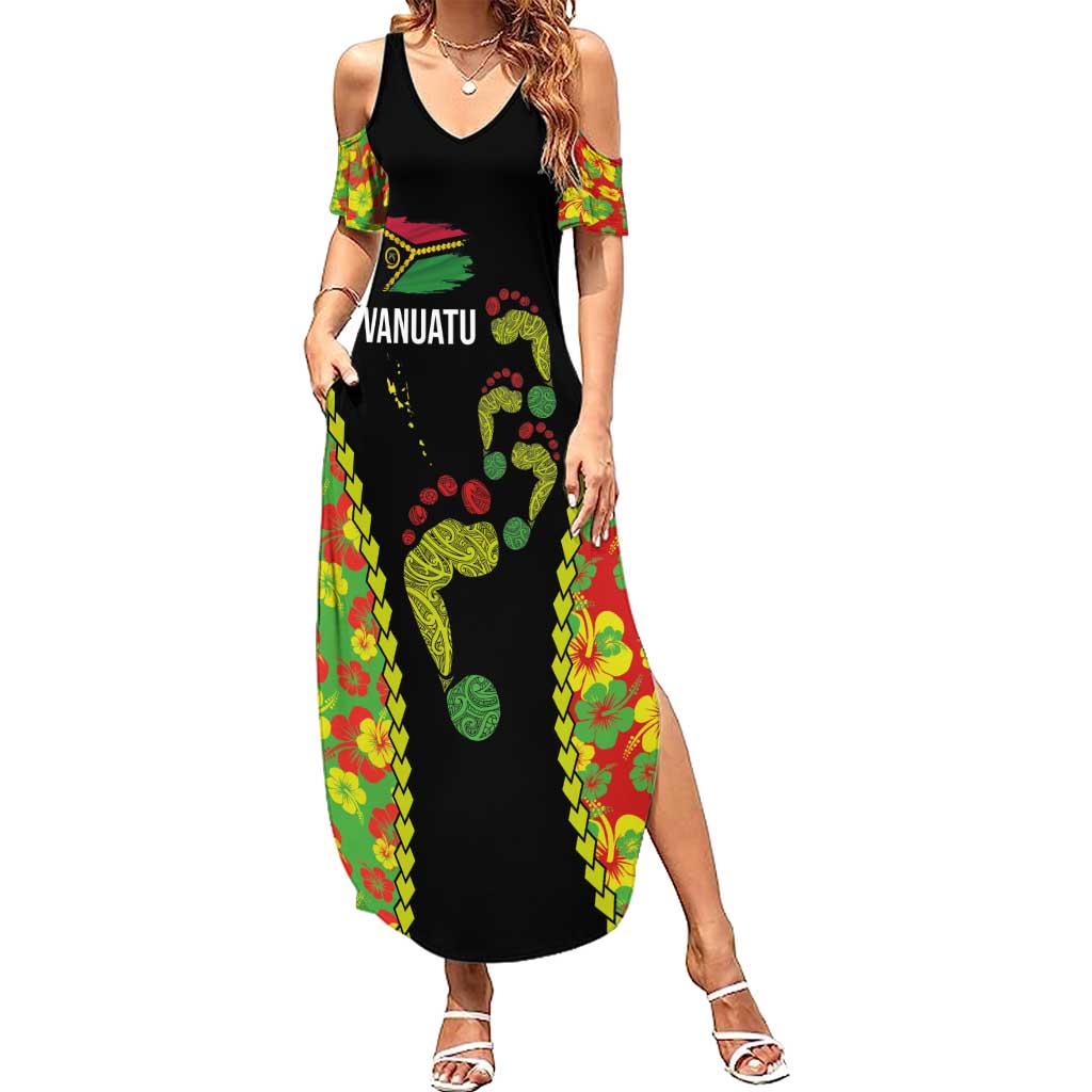 Personalised Vanuatu Running Summer Maxi Dress Footprint and Hibiscus Polynesian Style LT03 Women Black - Polynesian Pride