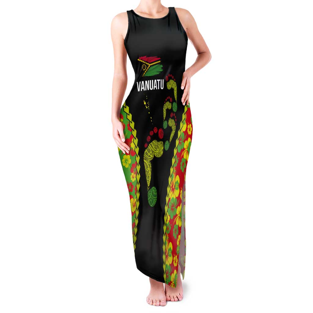 Personalised Vanuatu Running Tank Maxi Dress Footprint and Hibiscus Polynesian Style LT03 Women Black - Polynesian Pride