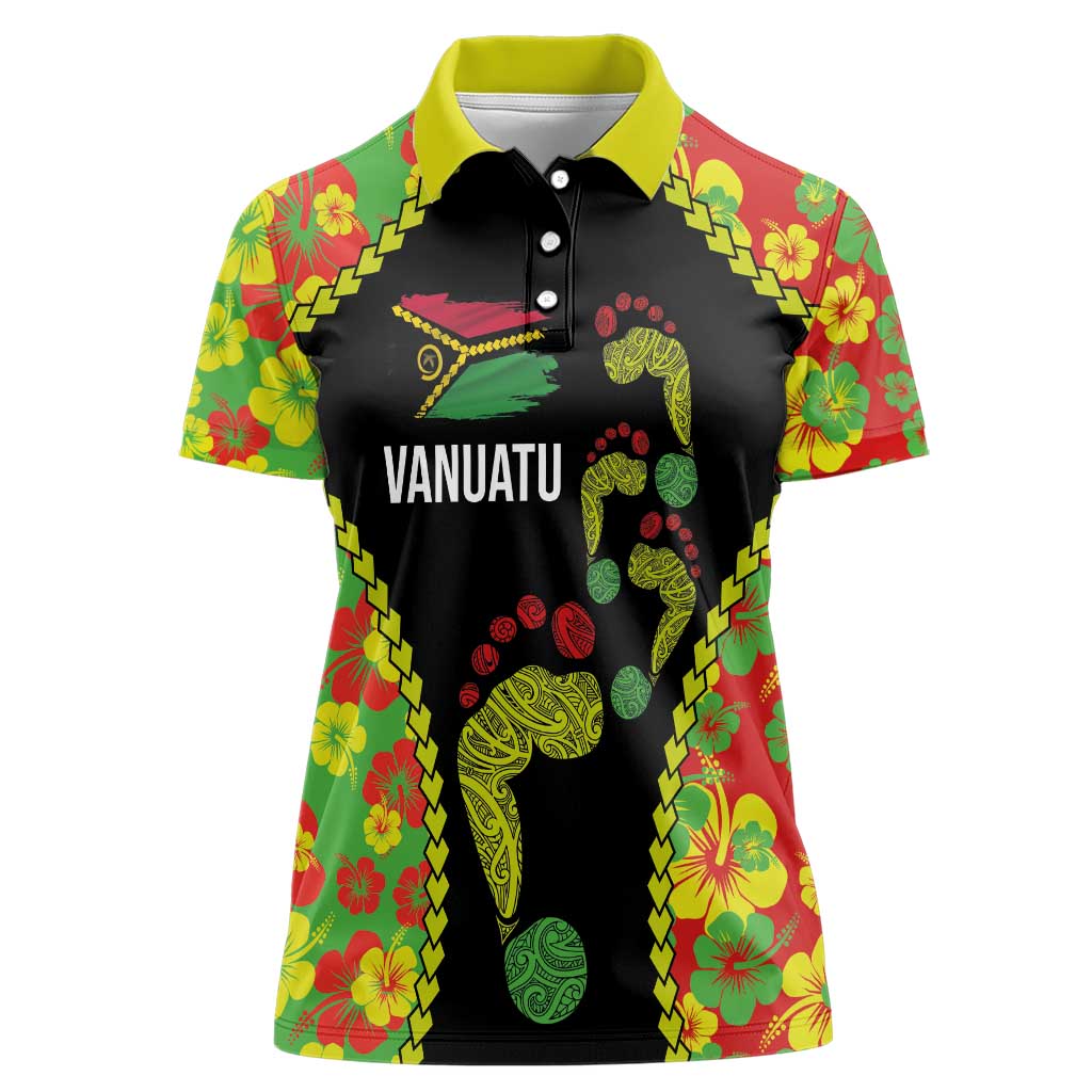 Personalised Vanuatu Running Women Polo Shirt Footprint and Hibiscus Polynesian Style