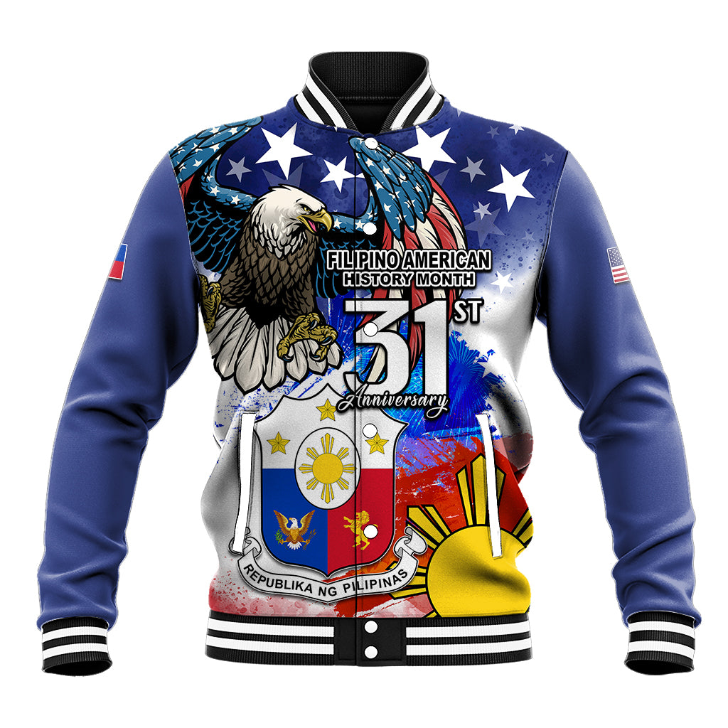 Filipino American History Month Baseball Jacket Filipino Coat Of Arms and American Eagle Splash Style LT03 Unisex Blue - Polynesian Pride