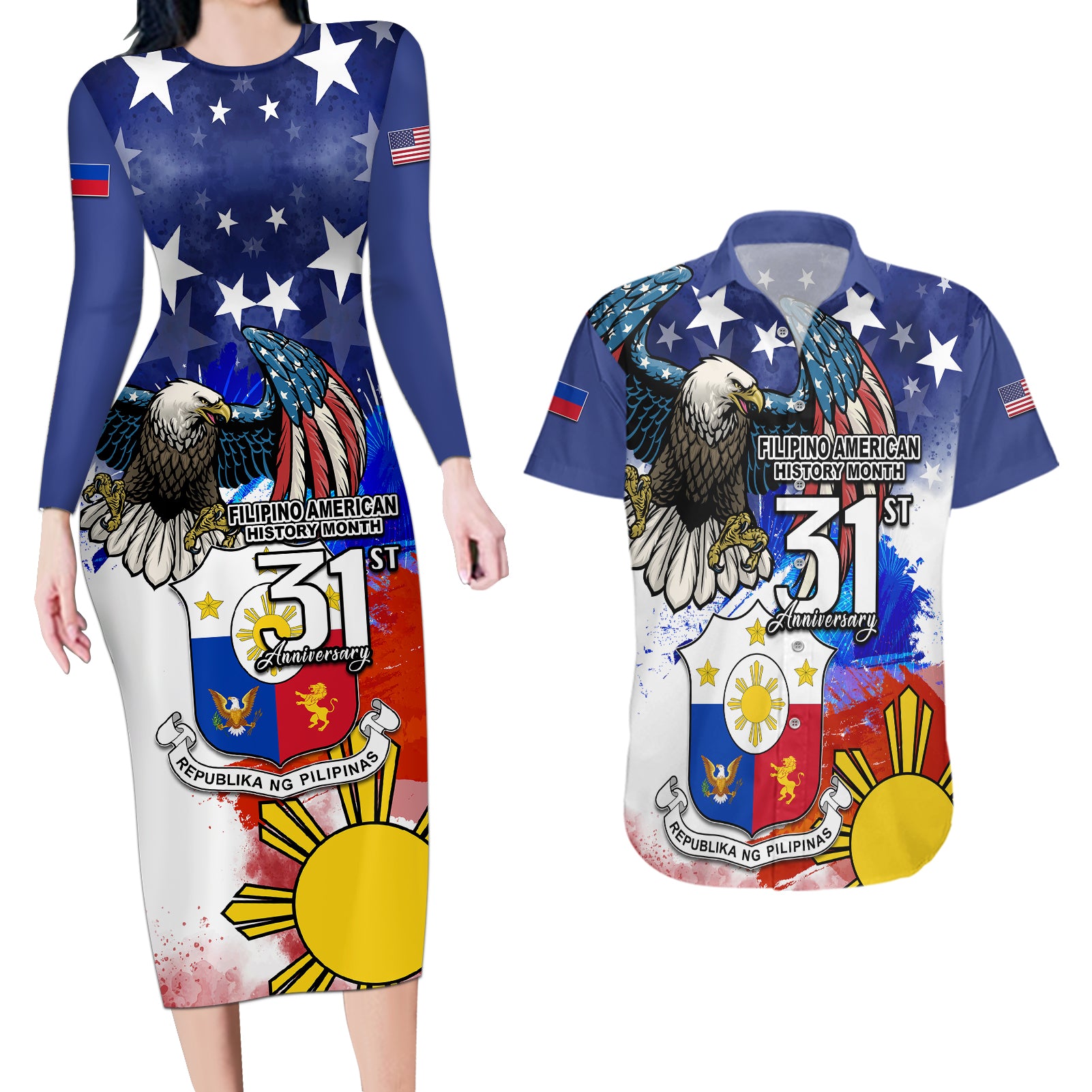 Filipino American History Month Couples Matching Long Sleeve Bodycon Dress and Hawaiian Shirt Filipino Coat Of Arms and American Eagle Splash Style LT03 Blue - Polynesian Pride