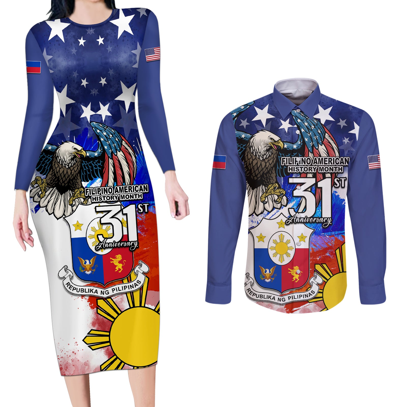 Filipino American History Month Couples Matching Long Sleeve Bodycon Dress and Long Sleeve Button Shirts Filipino Coat Of Arms and American Eagle Splash Style LT03 Blue - Polynesian Pride