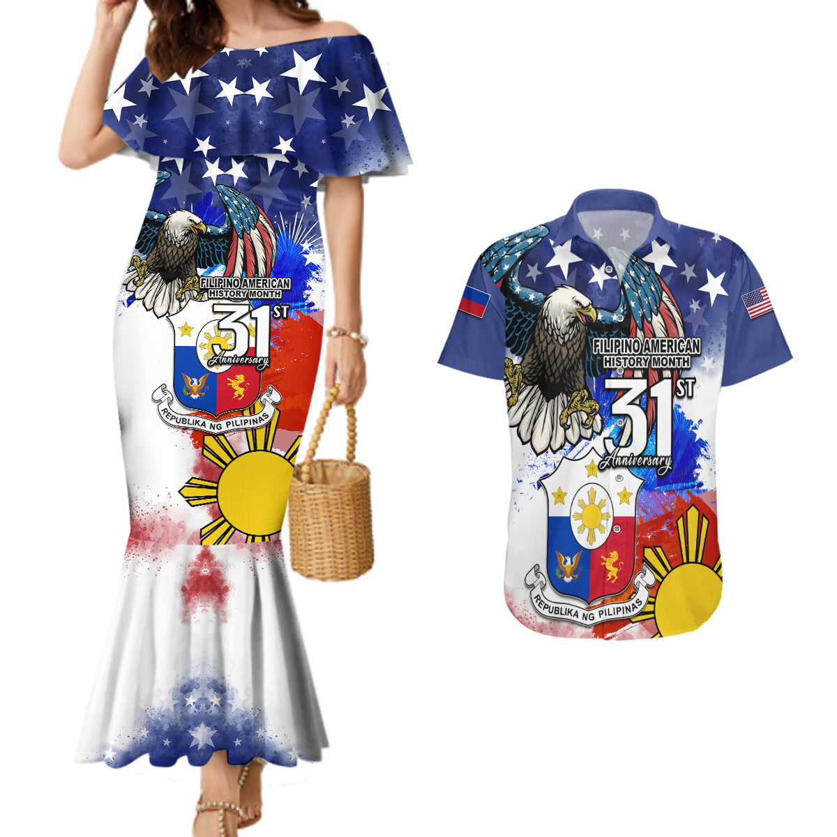 Filipino American History Month Couples Matching Mermaid Dress and Hawaiian Shirt Filipino Coat Of Arms and American Eagle Splash Style LT03 Blue - Polynesian Pride