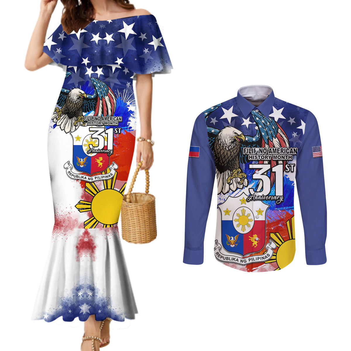 Filipino American History Month Couples Matching Mermaid Dress and Long Sleeve Button Shirts Filipino Coat Of Arms and American Eagle Splash Style LT03 Blue - Polynesian Pride