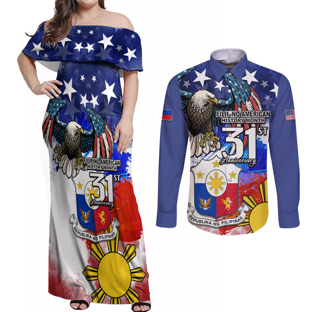 Filipino American History Month Couples Matching Off Shoulder Maxi Dress and Long Sleeve Button Shirts Filipino Coat Of Arms and American Eagle Splash Style LT03 Blue - Polynesian Pride