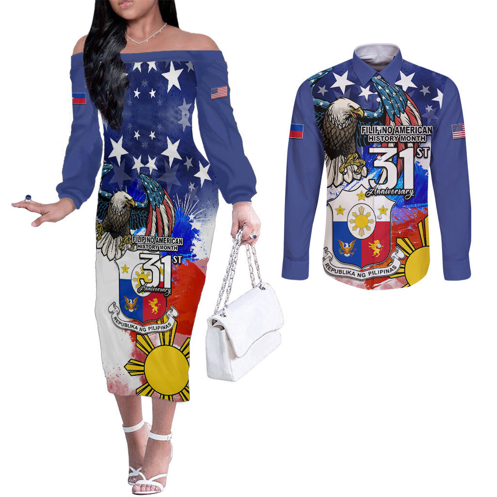 Filipino American History Month Couples Matching Off The Shoulder Long Sleeve Dress and Long Sleeve Button Shirts Filipino Coat Of Arms and American Eagle Splash Style LT03 Blue - Polynesian Pride