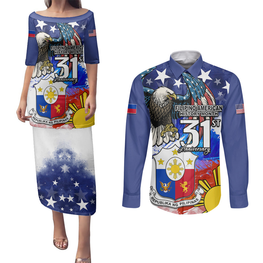 Filipino American History Month Couples Matching Puletasi Dress and Long Sleeve Button Shirts Filipino Coat Of Arms and American Eagle Splash Style LT03 Blue - Polynesian Pride