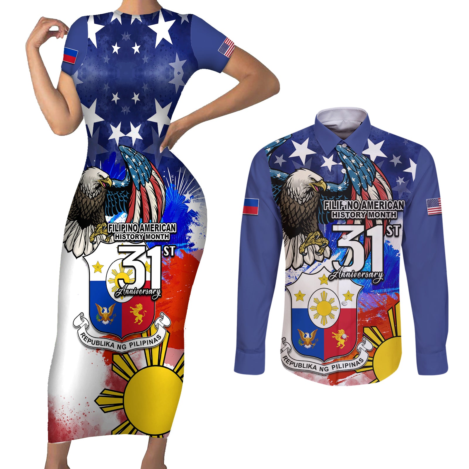 Filipino American History Month Couples Matching Short Sleeve Bodycon Dress and Long Sleeve Button Shirts Filipino Coat Of Arms and American Eagle Splash Style LT03 Blue - Polynesian Pride