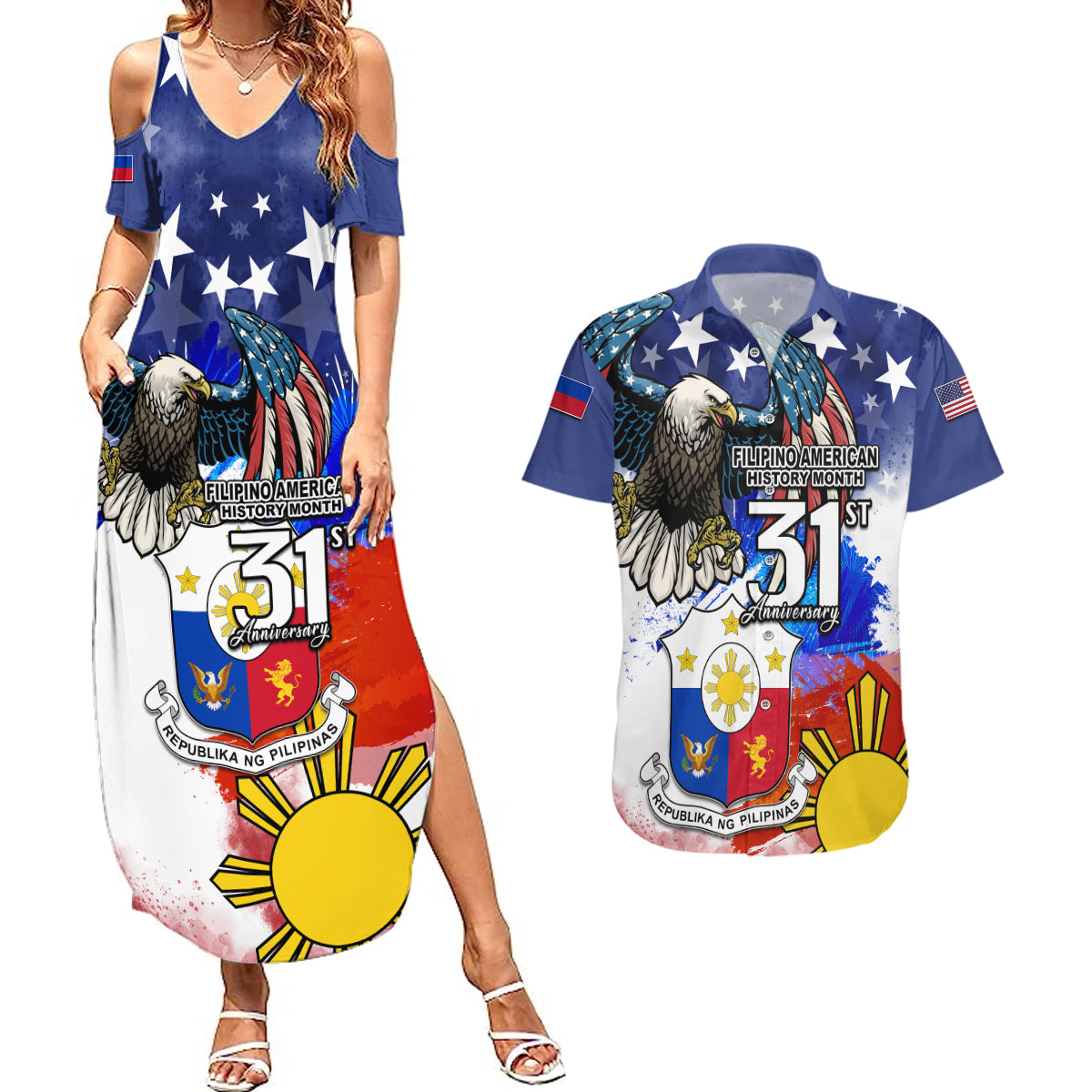 Filipino American History Month Couples Matching Summer Maxi Dress and Hawaiian Shirt Filipino Coat Of Arms and American Eagle Splash Style LT03 Blue - Polynesian Pride