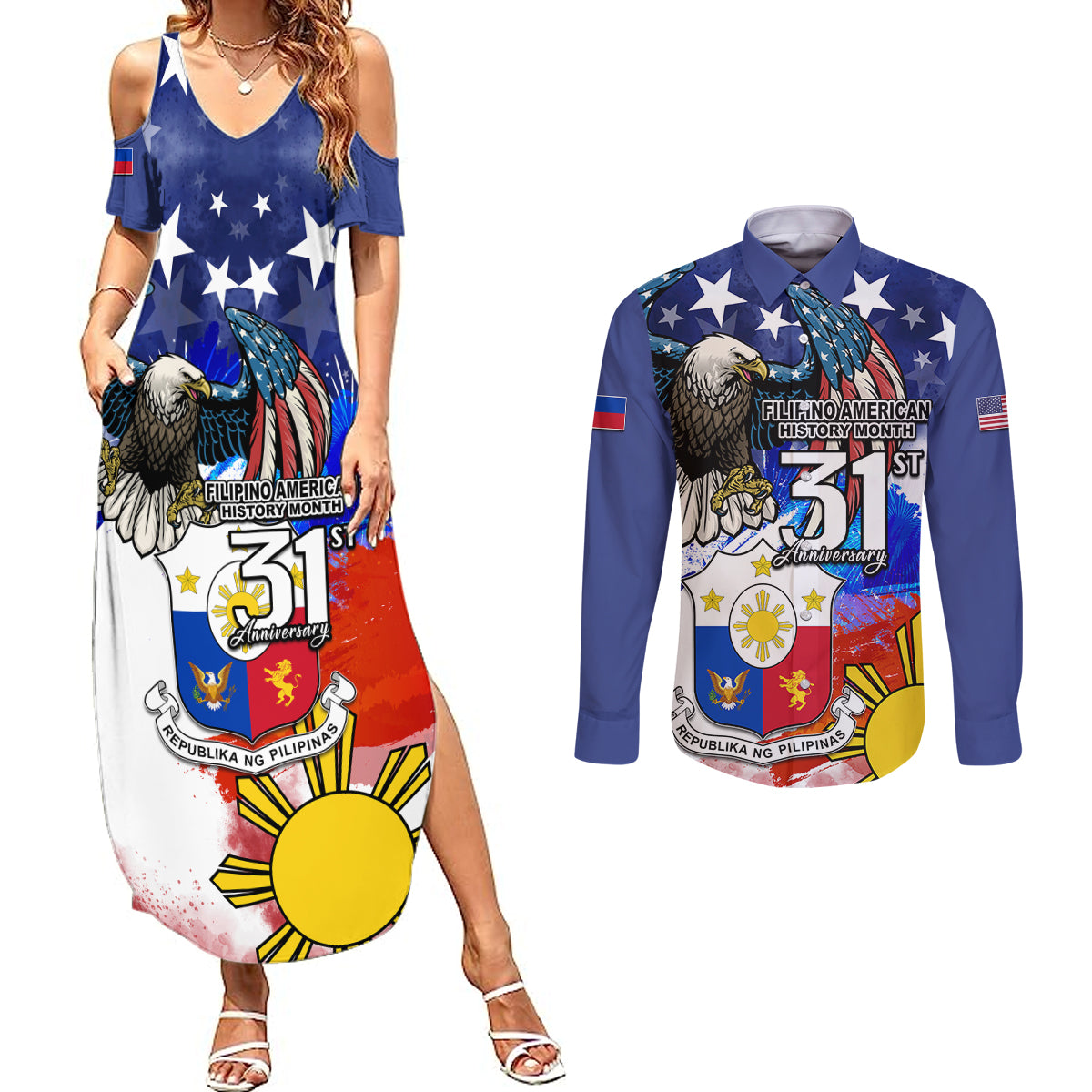 Filipino American History Month Couples Matching Summer Maxi Dress and Long Sleeve Button Shirts Filipino Coat Of Arms and American Eagle Splash Style LT03 Blue - Polynesian Pride