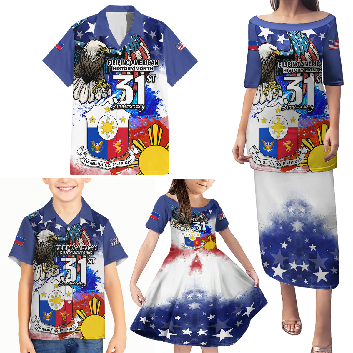 Filipino American History Month Family Matching Puletasi Dress and Hawaiian Shirt Filipino Coat Of Arms and American Eagle Splash Style LT03 - Polynesian Pride