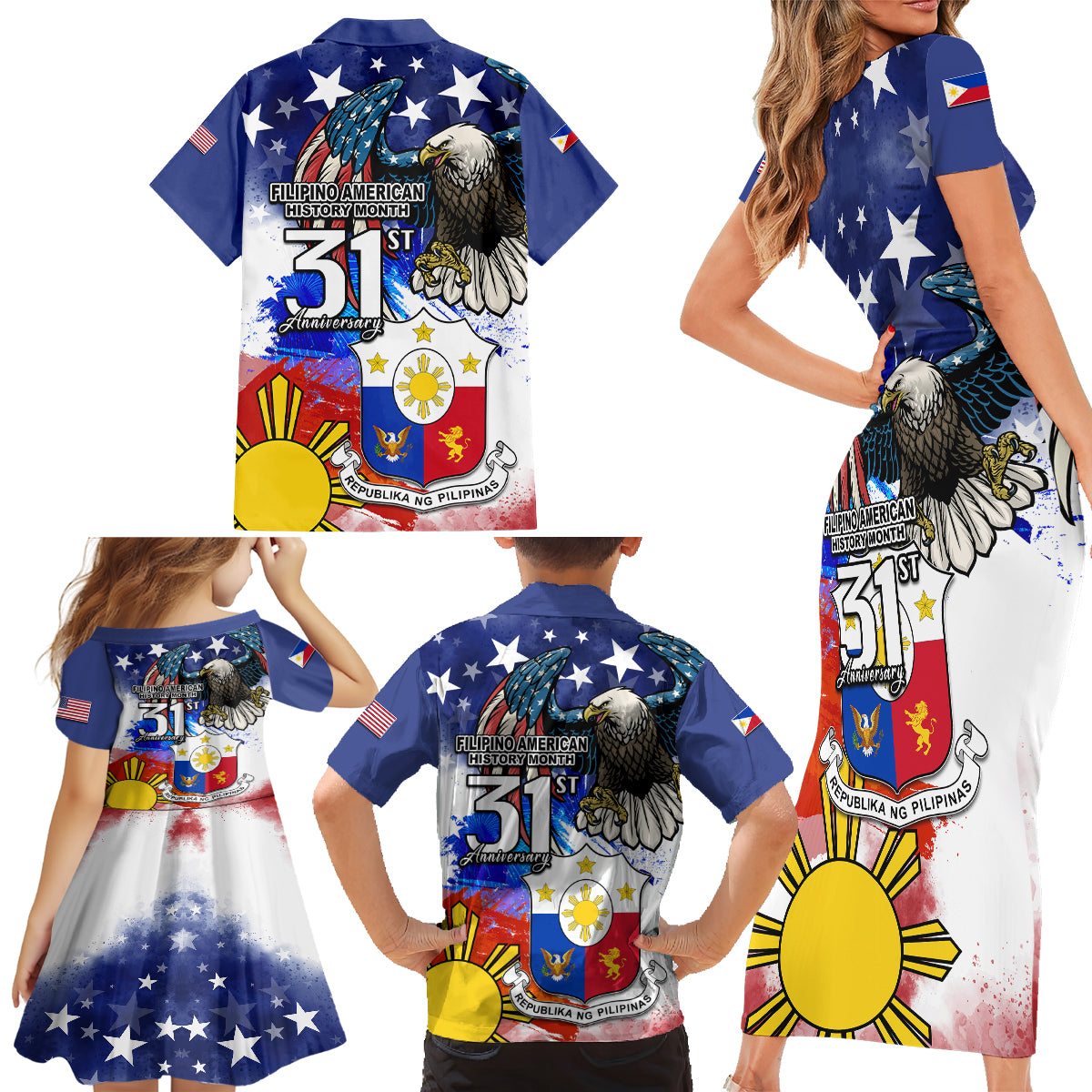 Filipino American History Month Family Matching Short Sleeve Bodycon Dress and Hawaiian Shirt Filipino Coat Of Arms and American Eagle Splash Style LT03 - Polynesian Pride