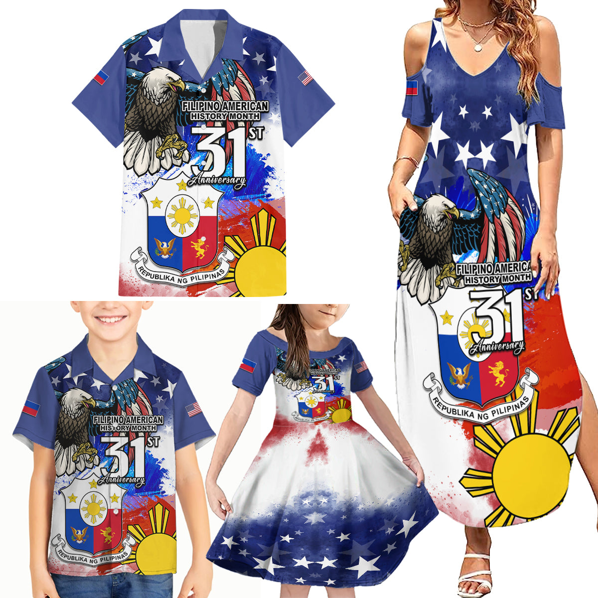 Filipino American History Month Family Matching Summer Maxi Dress and Hawaiian Shirt Filipino Coat Of Arms and American Eagle Splash Style LT03 - Polynesian Pride