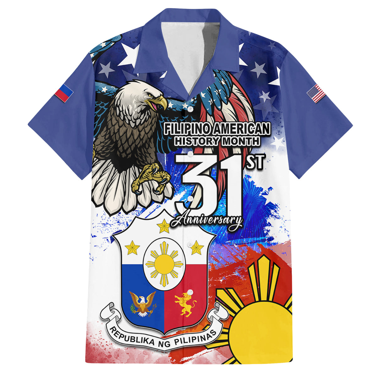 Filipino American History Month Kid Hawaiian Shirt Filipino Coat Of Arms and American Eagle Splash Style LT03 Kid Blue - Polynesian Pride